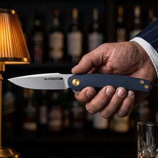 Musketeer folding knife held in hand at a whiskey bar