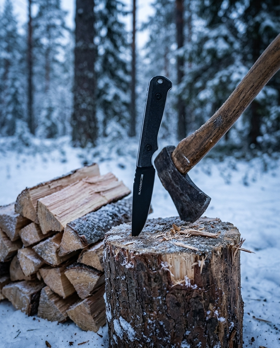 BladeBox Honey Badger in a snowy woodpile